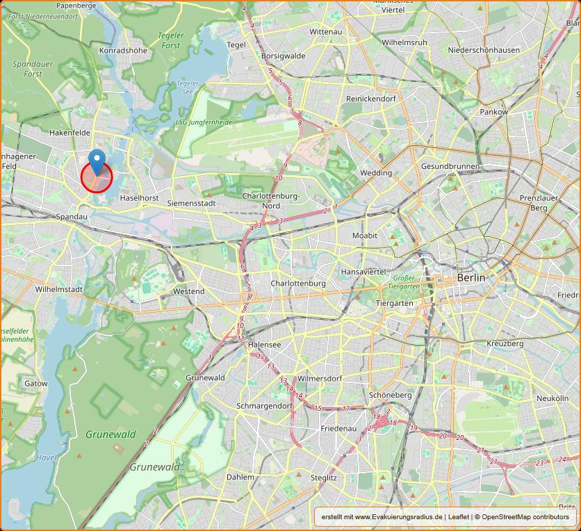 Lagekarte vom Evakuierungsradius von 500 Meter am 19.09.2025 in Berlin - Spandau