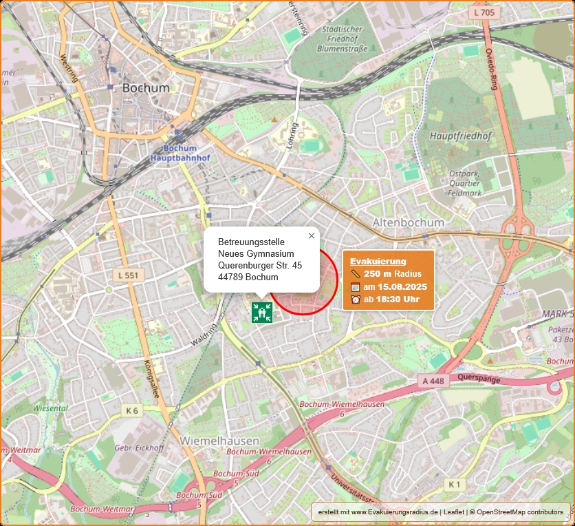 Lagekarte zur Blindgängerentschärfung mit Evakuierungsradius von 250 Meter und Betreuungsstelle am 15. August 2025 im Neues Gymnasium, Querenburger Str. 45, 44789 Bochum