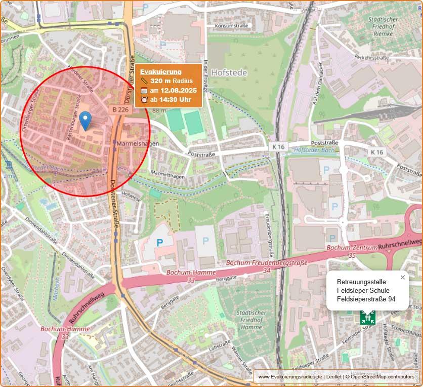 Lagekarte zur Blindgängerentschärfung und Betreuungsstelle am 12. August 2025 in der Feldsieper Schule, Feldsieperstraße 94