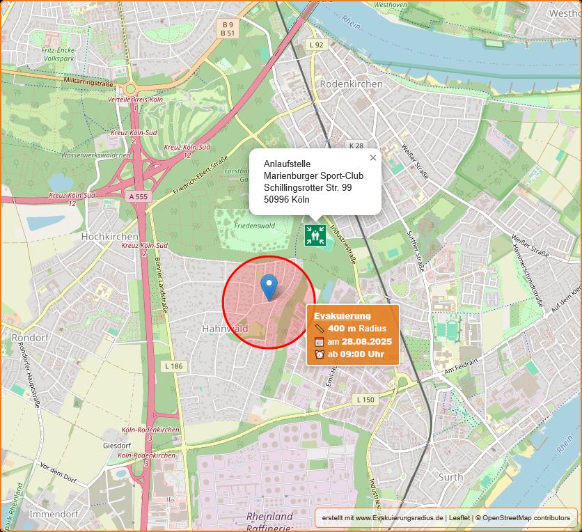 Lagekarte zum Evakuierungsradius wegen Bombenentschärfung von 400 Meter am 28.08.2025, ab 9 Uhr in Köln-Hahnwald und Betreuungsstelle am Marienburger Sport-Club, Schillingsrotter Str. 99, 50996 Köln