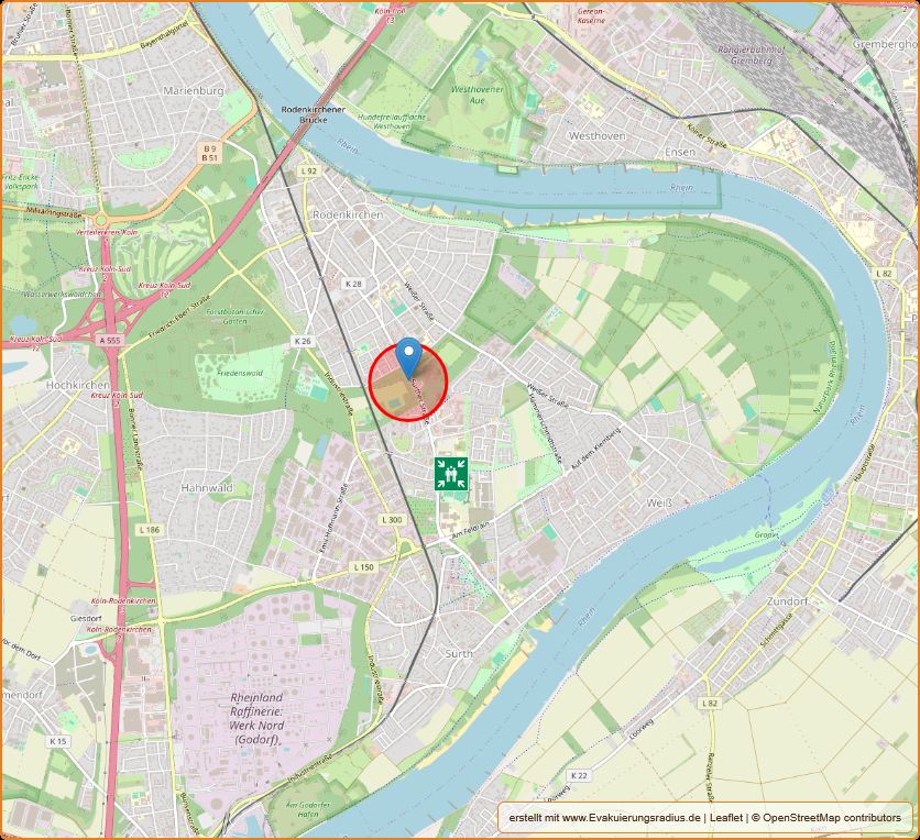 Lagekarte zum Bombenfund am 27.08.2025 in Köln-Rodenkirchen und Anlaufstelle, Geamtschule Rodenkirchen, Sürther Str. 191, 50999 Köln