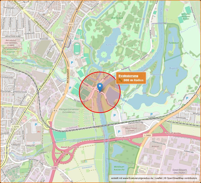 Lagekarte des Evakuierungsradius zur Blindgängerentschärfung am 20.08.2025 in Kassel - Waldau, Damschkebrücke