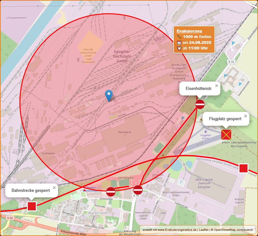 Lagekarte des Evakuierungsradius zur Blindgängerentschärfung am 24.08.2025, ab 11 Uhr - Sperrungen