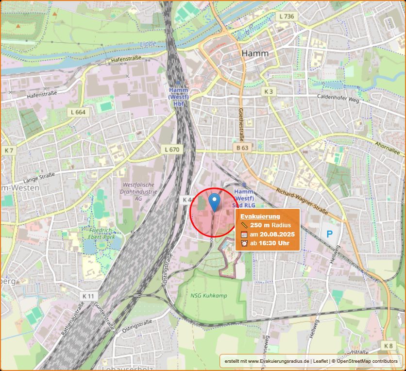 Lagekarte des Evakuierungsradius zur Blindgängerentschärfung in Hamm - Gallberger Weg, am 20.08.2025, ab 16:30 Uhr.