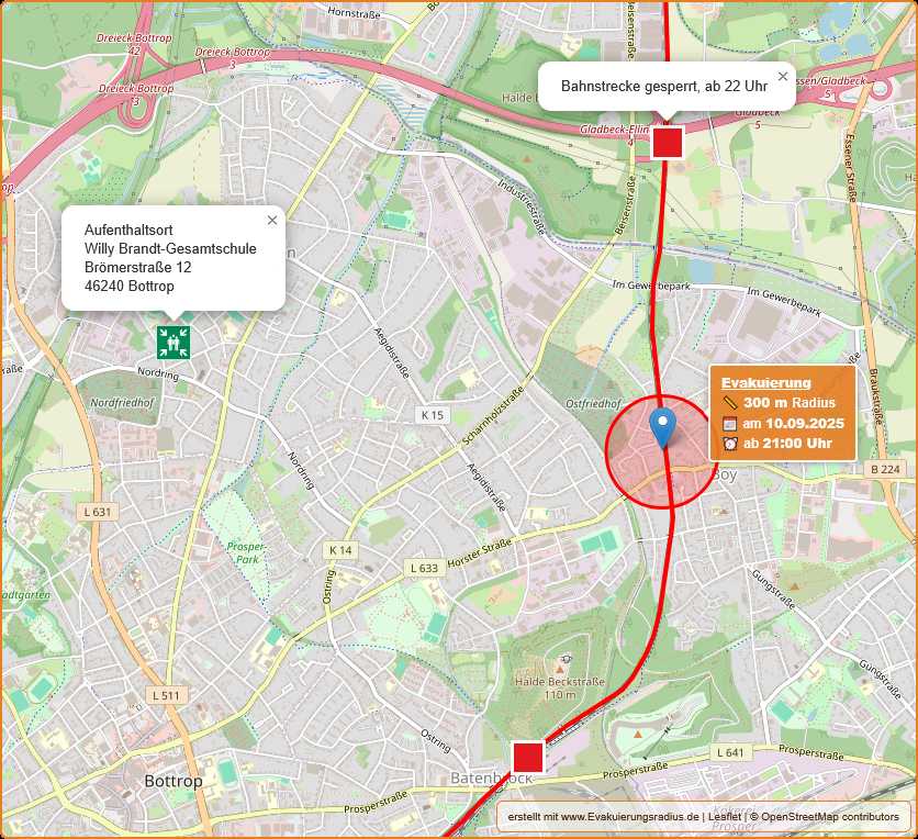 Lagekarte zum Evakuierungsradius von 300 Meter am 10.09.2025 ab 21 Uhr in Bottrop - Boy, sowie Aufenthaltsmöglichkeit in der Willy Brandt-Gesamtschule, Brömerstraße 12, 46240 Bottrop