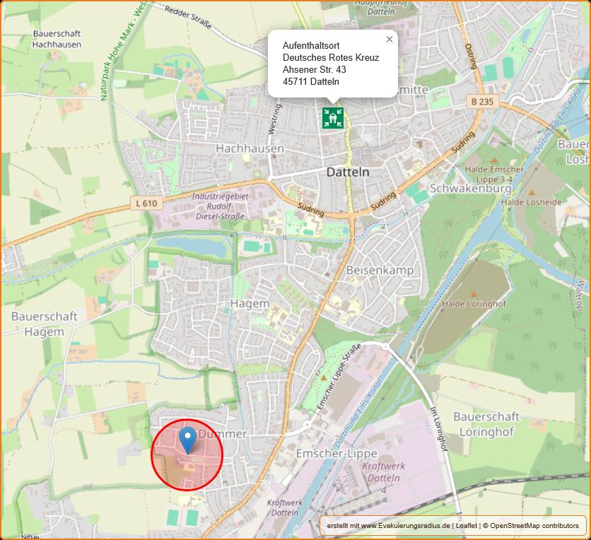 Lagekarte zum Aufenthaltsort beim Deutschen Roten Kreuz, Ahsener Str. 43, 45711 Datteln falls sich der Blindgängerverdacht bestätigen sollte.