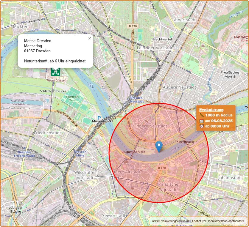 Lagekarte zur Blindgängerentschärfung und Notunterkunft am 6. August 2025 in der Messe Dresden, Am Messering, Dresden