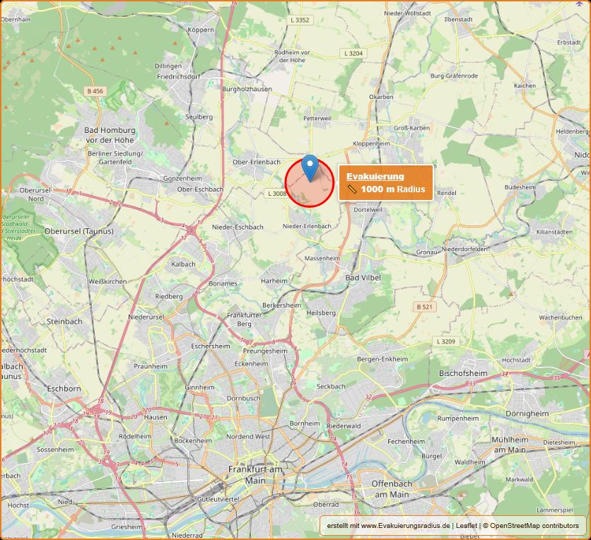 Lagekarte zur Blindgängerentschärfung mit Evakuierungsradius von 1000 Meter am 25.08.2025, Frankfurt – Nieder-Erlenbach
