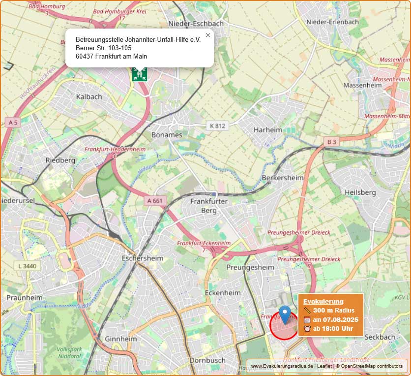 Lagekarte zur Blindgängerentschärfung und Betreuungsstelle der Johanniter-Unfall-Hilfe e.V., Berner Str. 103-105, 60437 Frankfurt am Main