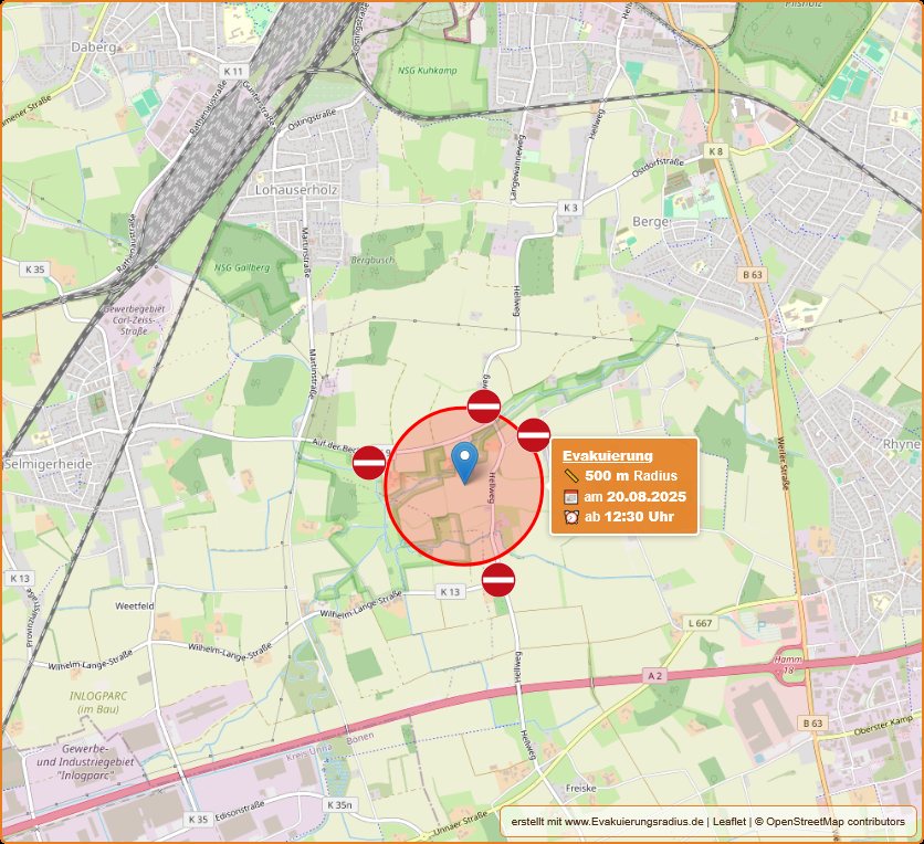 Lagekarte des Evakuierungsradius zur Blindgängerentschärfung am 20.08.2025, ab 12:30 Uhr.