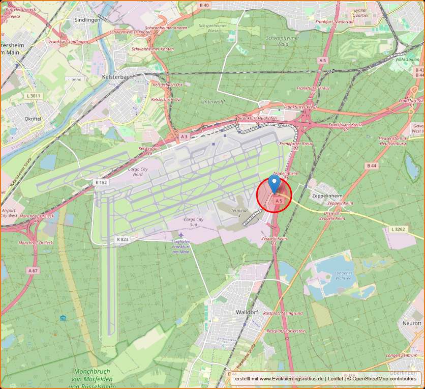 Lagekarte vom Evakuierungsradius am 09.09.2025 in Frankfurt - Flughafen/A5