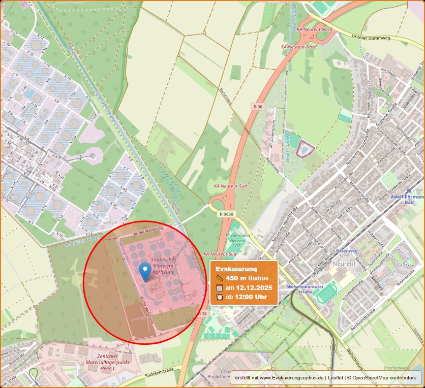 Lagekarte zur Untersuchung eines Blindgängerverdachtpunkts in Karlsruhe, Neureut