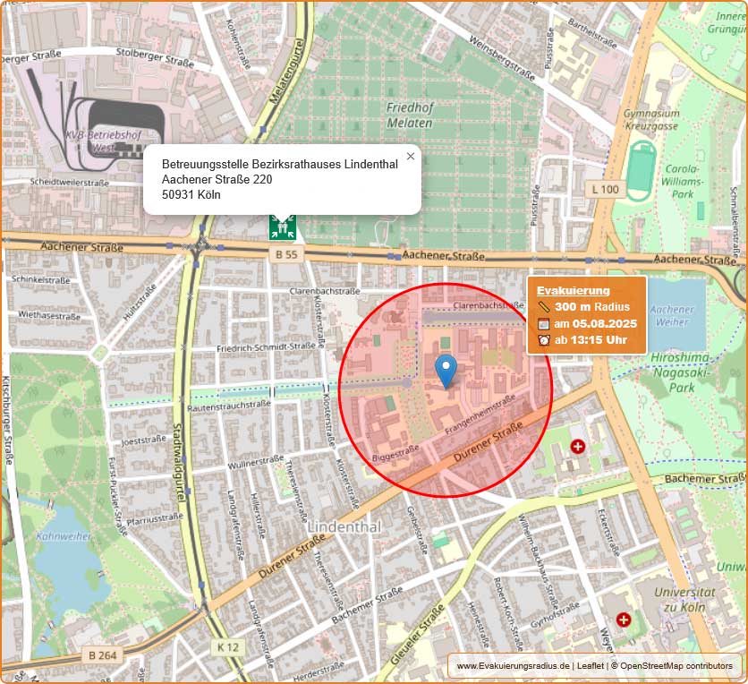 Lagekarte zur Blindgängerentschärfung mit Evakuierungsradius 300 Meter und Notunterkunft am 5. August 2025 im Bezirksrathauses Lindenthal, Aachener Straße 220, 50931 Köln