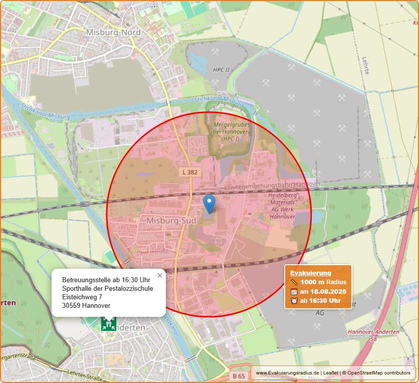 Lagekarte zur Blindgängerentschärfung und Betreuungsstelle am 18. August 2025 in der Sporthalle der Pestalozzischule, Eisteichweg 7, 30559 Hannover