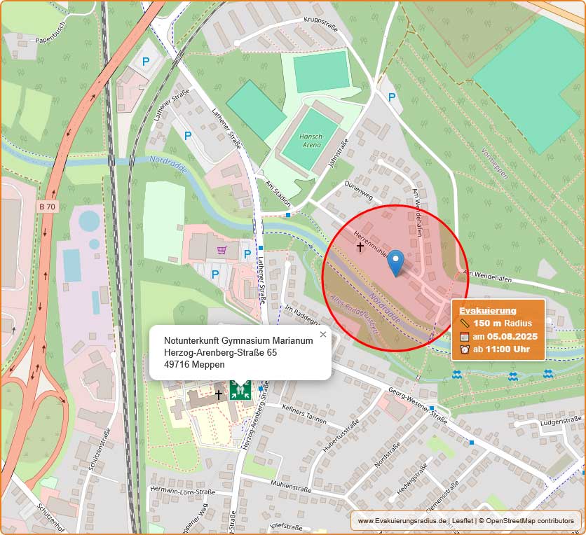Lagekarte zur Blindgängerentschärfung mit Evakuierungsradius 150 Meter und Notunterkunft am 5. August 2025 im Gymnasium Marianum, Herzog-Arenberg-Straße 65, 49716 Meppen
