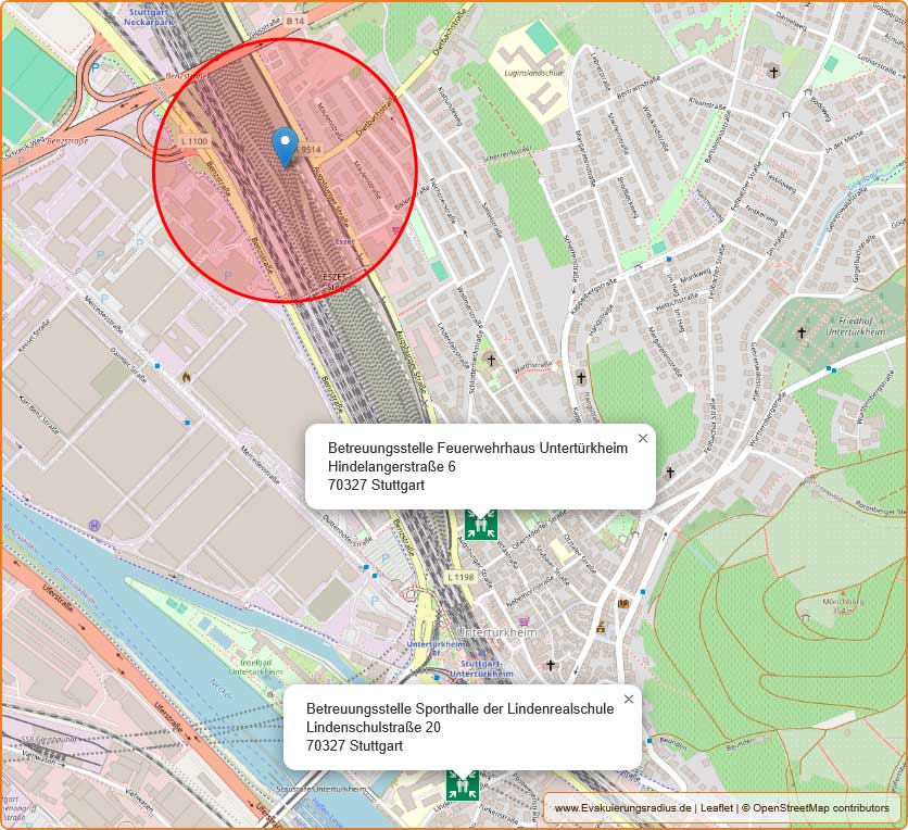 Lagekarte zur Blindgängerentschärfung und Betreuungsstelle am 12. August 2025 in der Sporthalle der Lindenrealschule, Lindenschulstraße 20, 70327 Stuttgart und der Notfallleuchtturm im Feuerwehrhaus Untertürkheim, Hindelangerstraße 6, 70327 Stuttgart