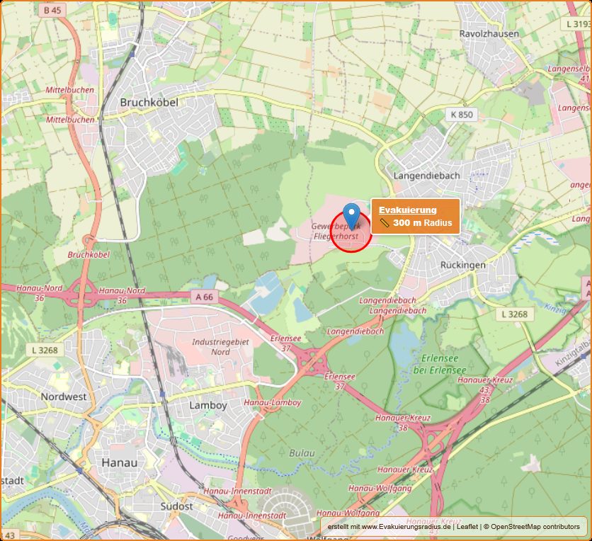 Lagekarte zur Blindgängerentschärfung mit Evakuierungsradius von 300 Meter am 26.08.2025, in Erlensee - Langendiebach am Fliegerhorst