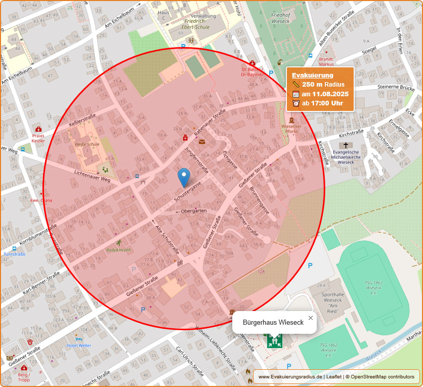 Lagekarte zur Blindgängerentschärfung und Betreuungsstelle am 11. August 2025 im Bürgerhaus Wieseck