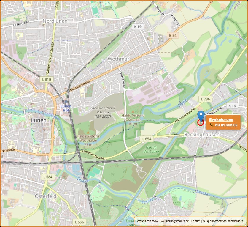 Lagekarte zur Untersuchung eines Blindgängerverdachtpunkts 21.08.2025 in Luenen - Beckinghausen - ehem Sportplatz, Kreuzstraße