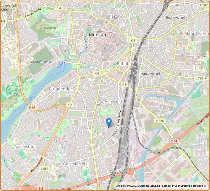 Lagekarte zur Untersuchung des Bombenblindgängerverdachts am 14. August 2025 in der Herdingstraße, Stadt Münster