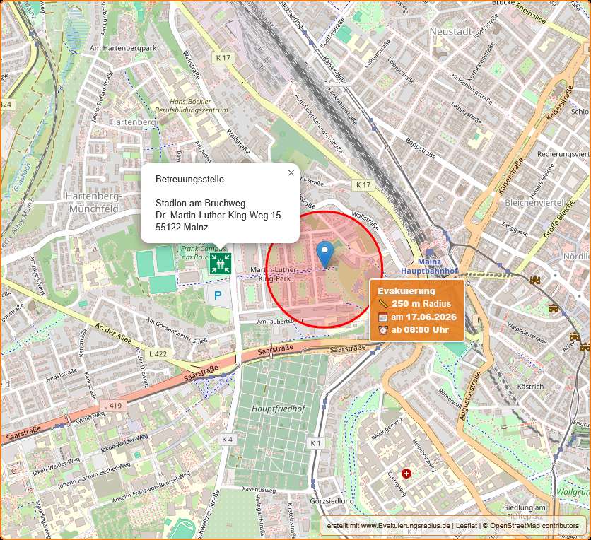 Lagekarte vom Evakuierungsradius am 17.06.2026 in Mainz