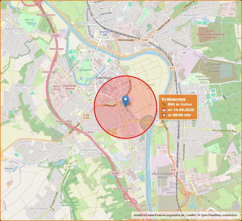 Lagekarte vom Evakuierungsradius von 800 Meter am 14.09.2025 in Saarlouis - Lisdorf, ab 8 Uhr