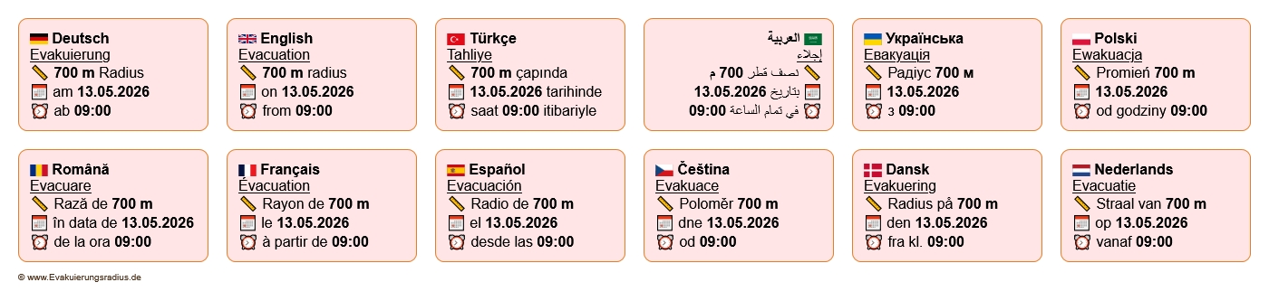 Mehrsprachige Infobox, Evakuierung in Wiesbaden - Erbenheim, 13.05.2026, ab 9 Uhr