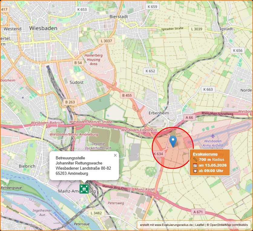 Lagekarte vom Evakuierungsradius am 13.05.2026 in Wiesbaden - Erbenheim