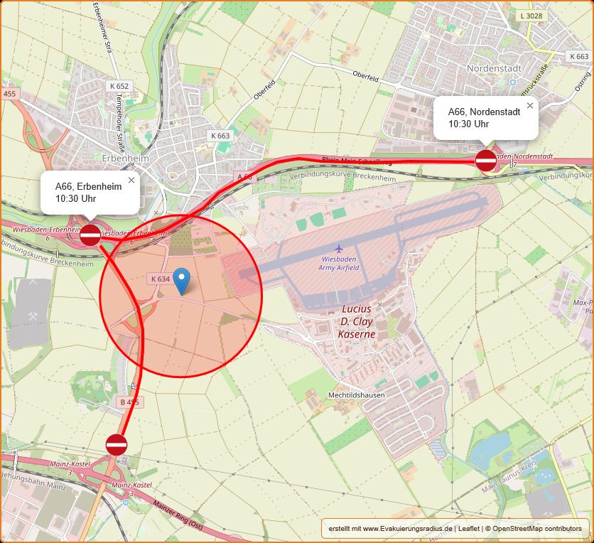 Lagekarte vom betroffenen Autobahnabschnitt A66 zwischen Erbenheim und Nordenstadt am 13.05.2026, 10:30 Uhr in Wiesbaden - Erbenheim