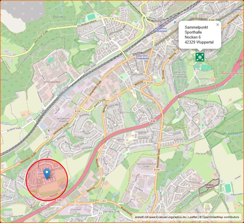 Lagekarte vom Evakuierungsradius von 300 Meter am 17.09.2025 in Wuppertal - Vohwinkel und Sammelpunkt in der Sporthalle, Nocken 6, 42329 Wuppertal
